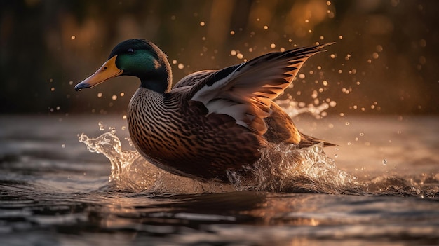 A duck splashes in a river with the sun shining on its head.