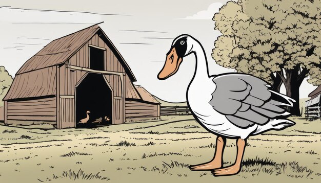 A duck standing in front of a barn