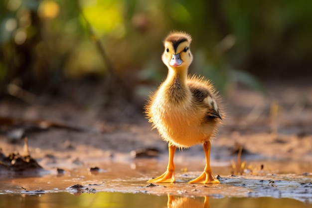 a duck standing in a puddle of water