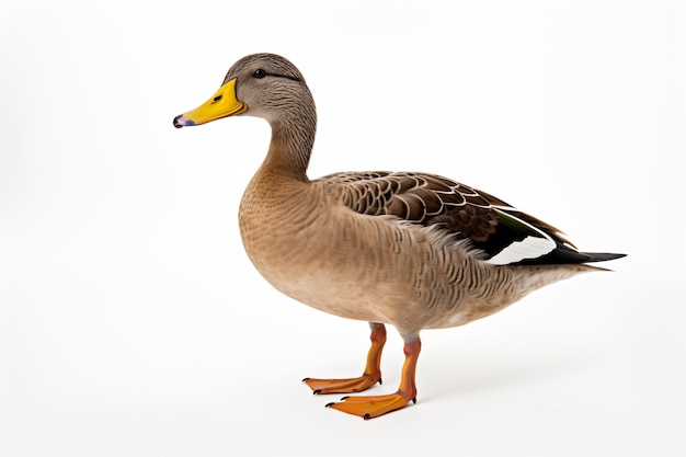 a duck standing on a white surface with a yellow beak