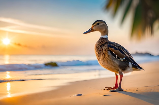 A duck stands on a beach at sunset