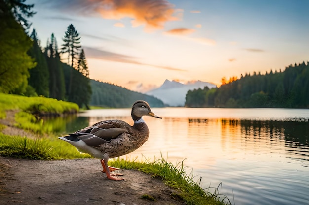 A duck stands by a lake in the mountains