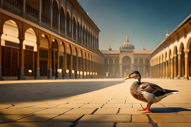 A duck stands in a courtyard with arches and a sky background.