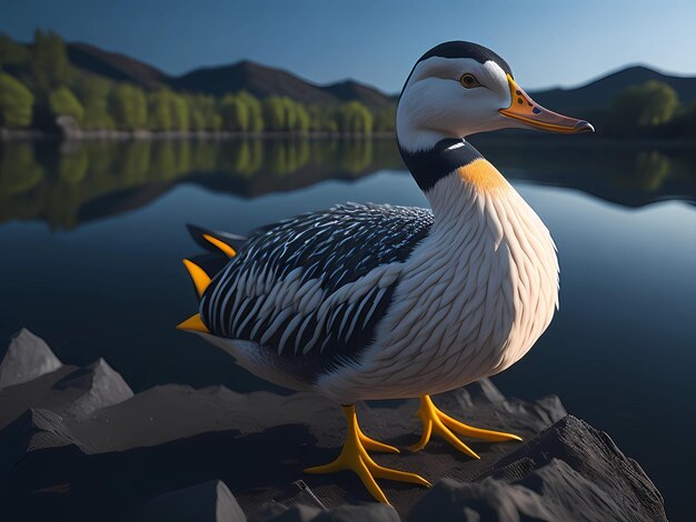 A duck stands on a rock in front of a lake.