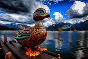 Photo a duck statue is on a dock with mountains in the background