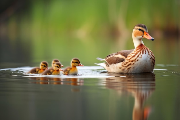 A duck swimming alongside its little ducklings