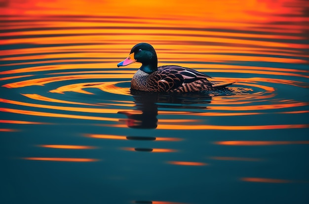 A duck swimming in a lake with a red background