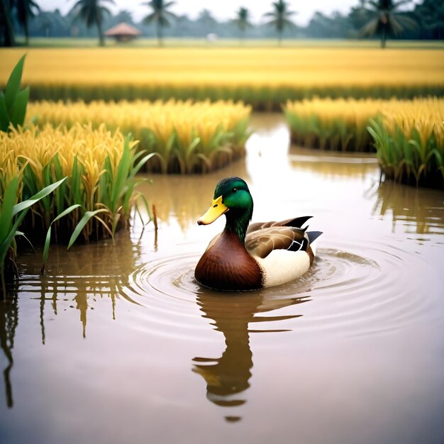 a duck swimming in a pond with rice plants in the background