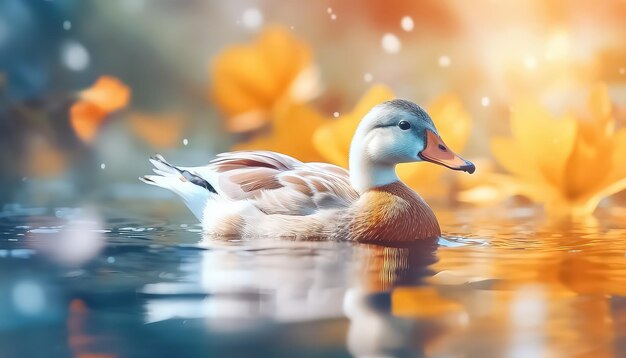 Duck swimming in the water in autumn