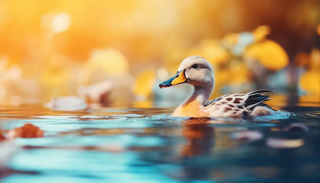 Duck swimming in the water in autumn