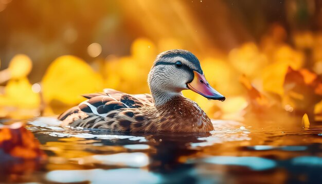 Duck swimming in the water in autumn