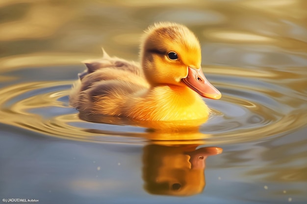 A duck swims in a pond with the sun shining on it.