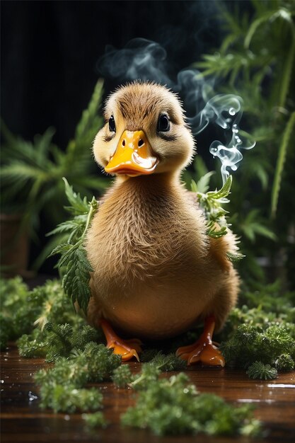 Photo a duck that is sitting on a plant