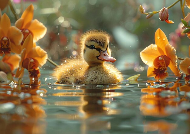 Photo a duck that is sitting in the water with flowers