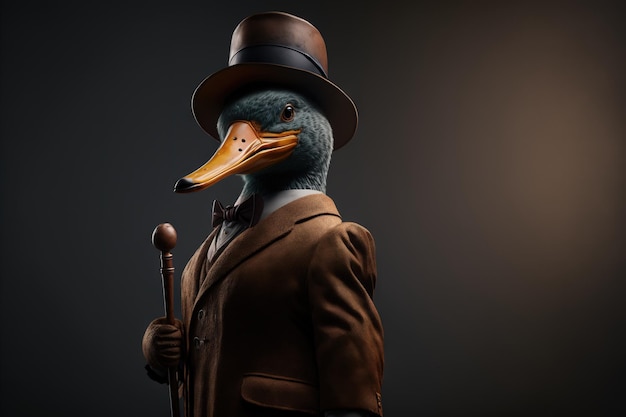 A duck in a top hat and top hat stands in front of a dark background