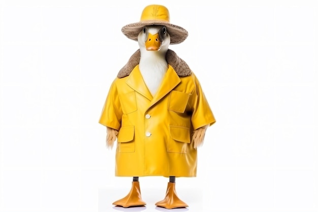 a duck wearing a coat and hat with a yellow scarf