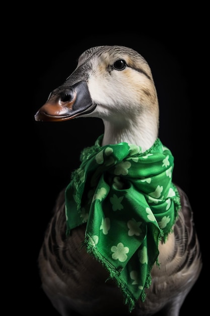 A duck wearing a green scarf with shamrocks on it
