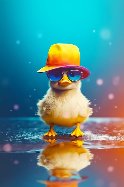 Duck wearing hat sunglasses and hat is standing in the water generative ai