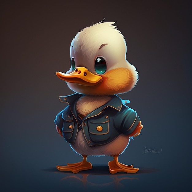 A duck wearing a jacket that says'duck'on it