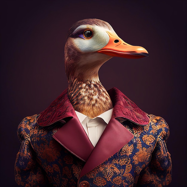 A duck wearing a jacket that says'duck'on it