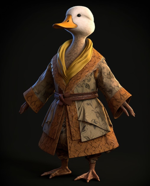 A duck wearing a kimono and a coat with a pattern on it.