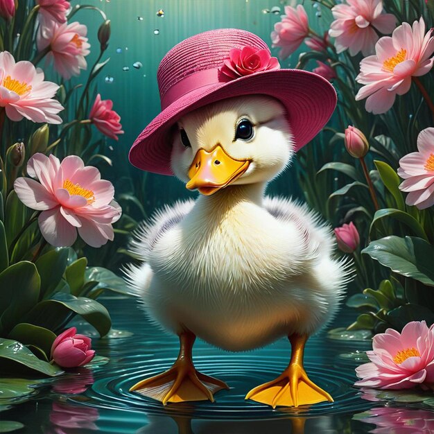 Photo a duck wearing a pink hat stands in water with pink flowers