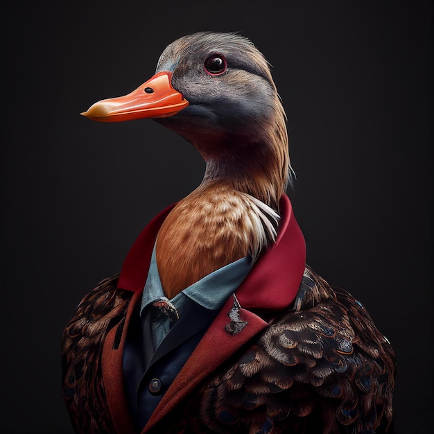 A duck wearing a red bow tie and a shirt that says " duck ".