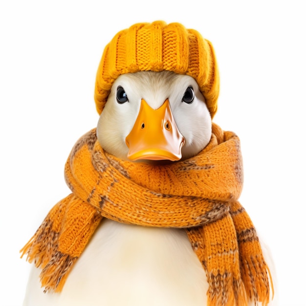 a duck wearing a scarf and a hat