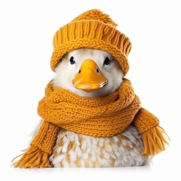 a duck wearing a scarf and a hat