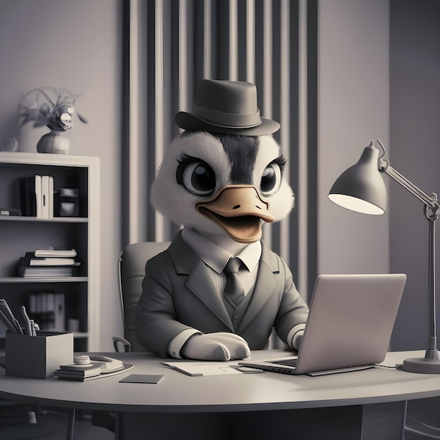 a duck wearing a suit and a hat sits at a desk with a laptop