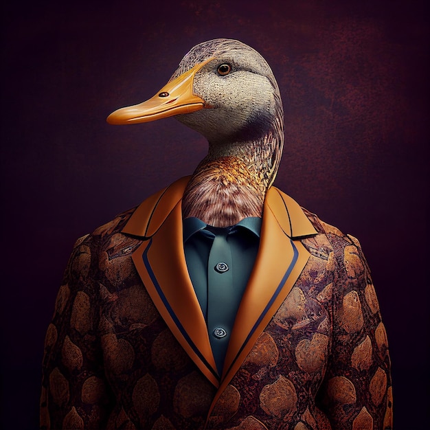 A duck wearing a suit and a jacket that says'duck'on it