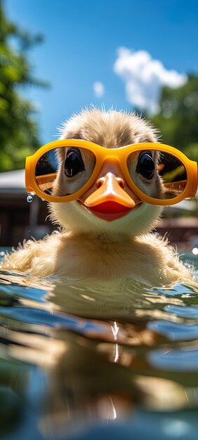 Photo a duck wearing yellow glasses that says duckie