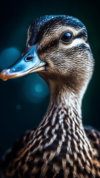 青いくちばしと黒い鼻を持つアヒル