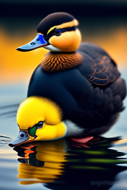 A duck with a blue beak is swimming on the water.