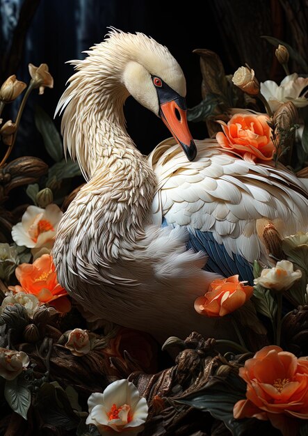 a duck with a blue and orange beak is sitting on a bed of flowers