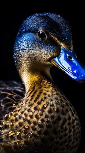 A duck with blue and yellow feathers is shown.