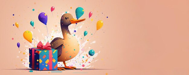 A duck with a book and a bag of balloons on it