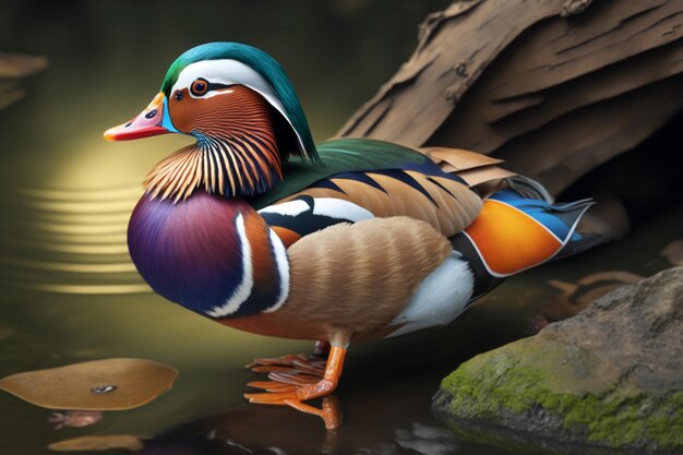 A duck with a green head and blue feathers sits on a rock in a pond.