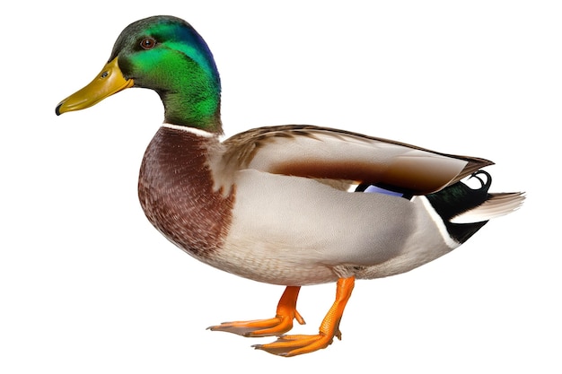 a duck with a green head and orange feet