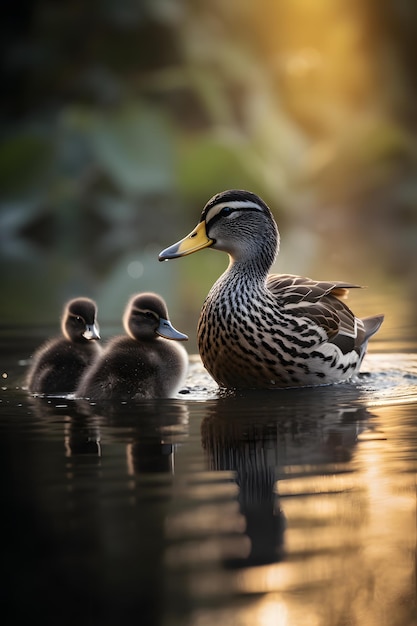 A duck with her ducklings on a pond