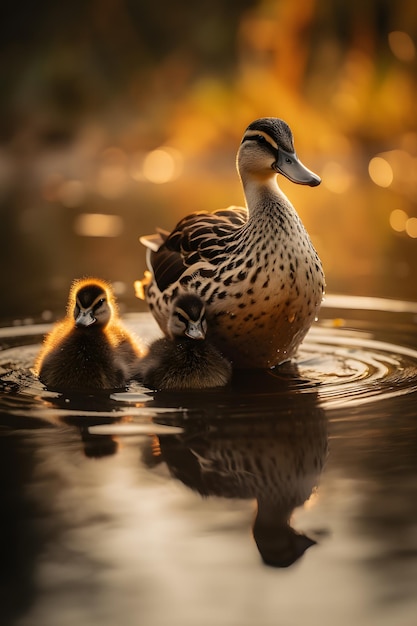 A duck with her two babies in a pond