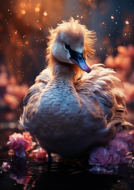 Photo a duck with a long beak sits in a pile of flowers