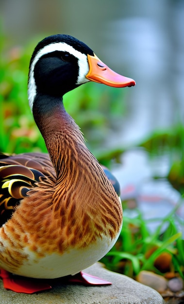 A duck with an orange beak stands in the grass.