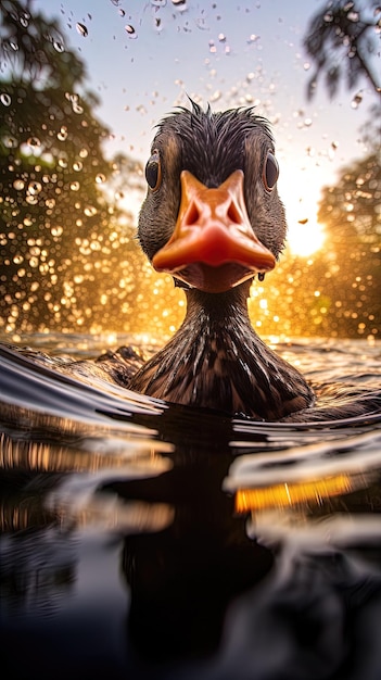 A duck with a reflection of the head of a duck.