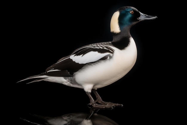 a duck with a white and black head and a blue beak