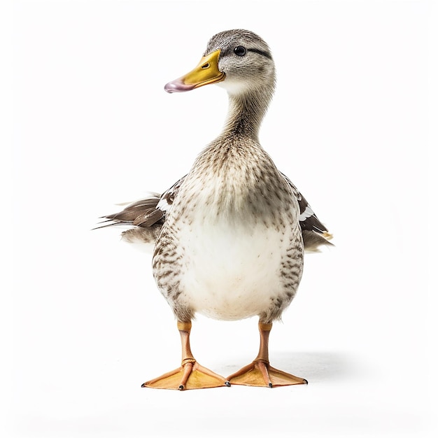 A duck with a white and brown feathers is standing in front of a white background.