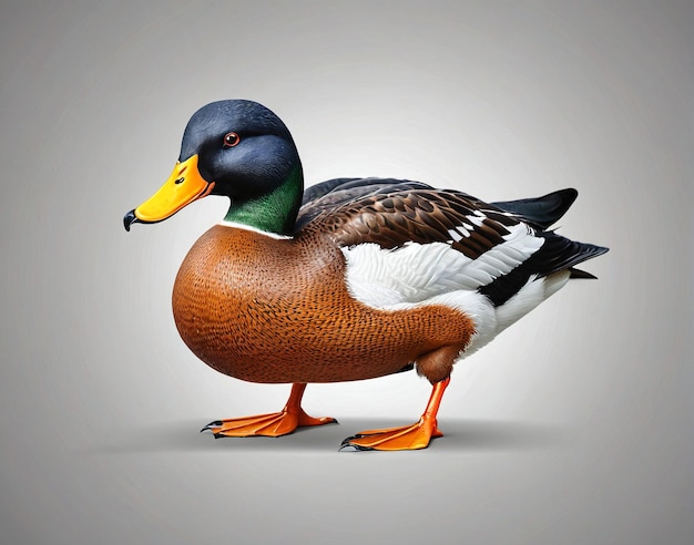a duck with a white head and orange beak