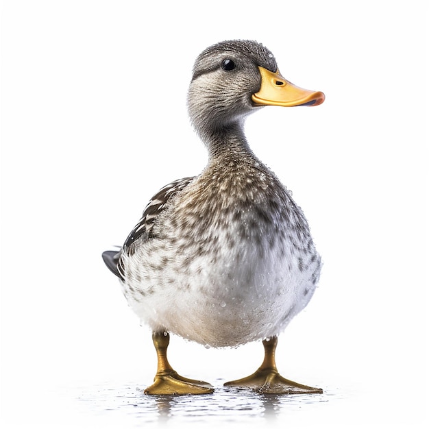 A duck with a yellow beak and a black beak is standing on a white surface.