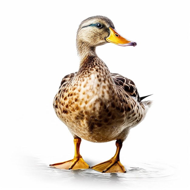 A duck with a yellow beak is standing in water.