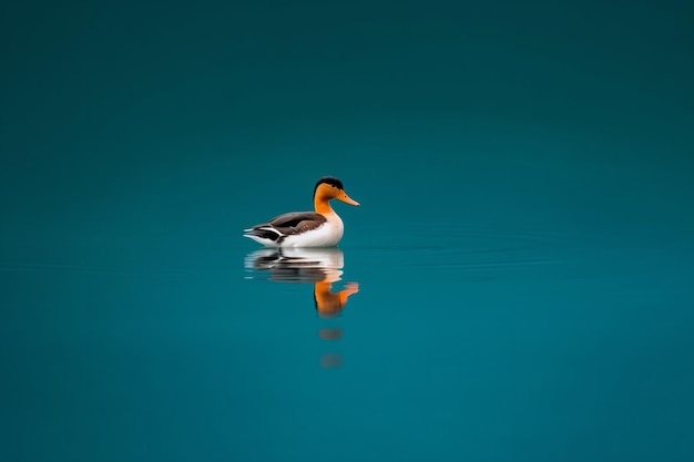 A duck with a yellow head and orange head sits on a blue body of water.
